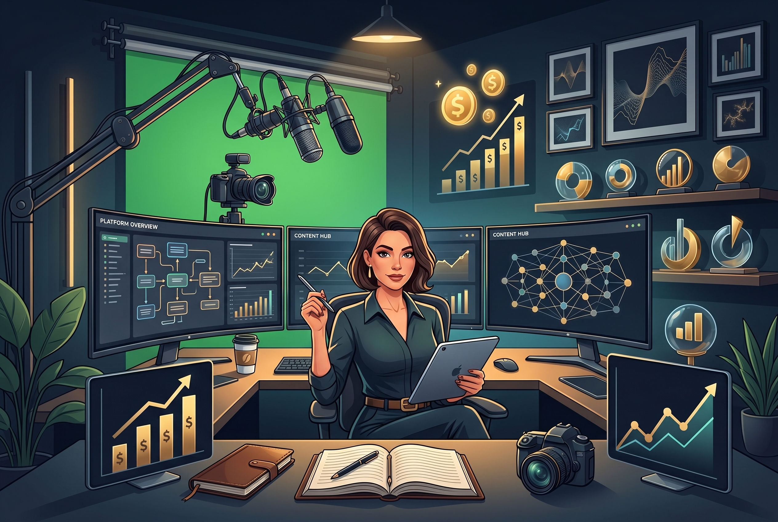 Editorial illustration of a creator choosing the best newsletter platform with growth and monetization dashboards