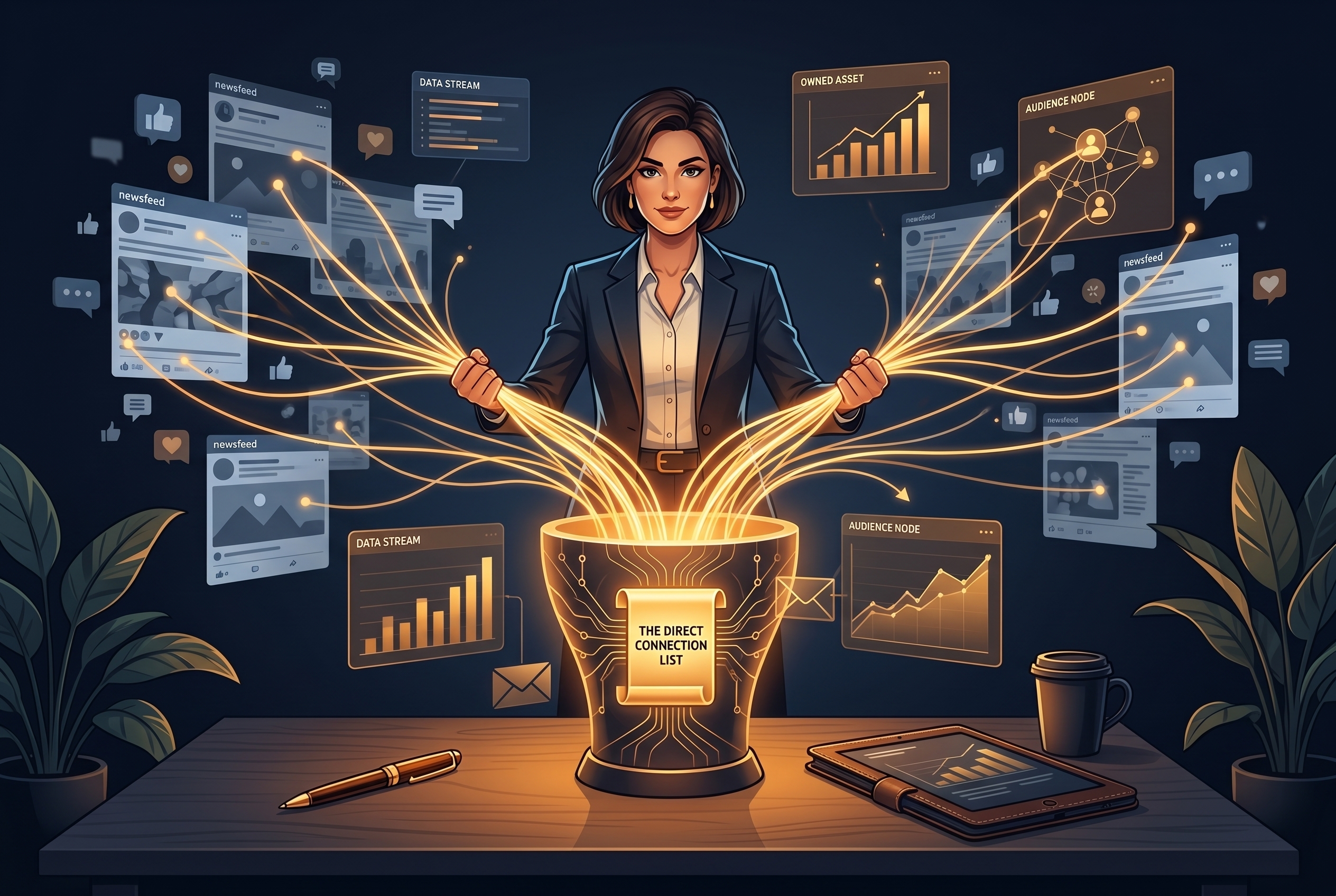 Editorial illustration of a creator pulling audience attention from social platforms into an owned email list