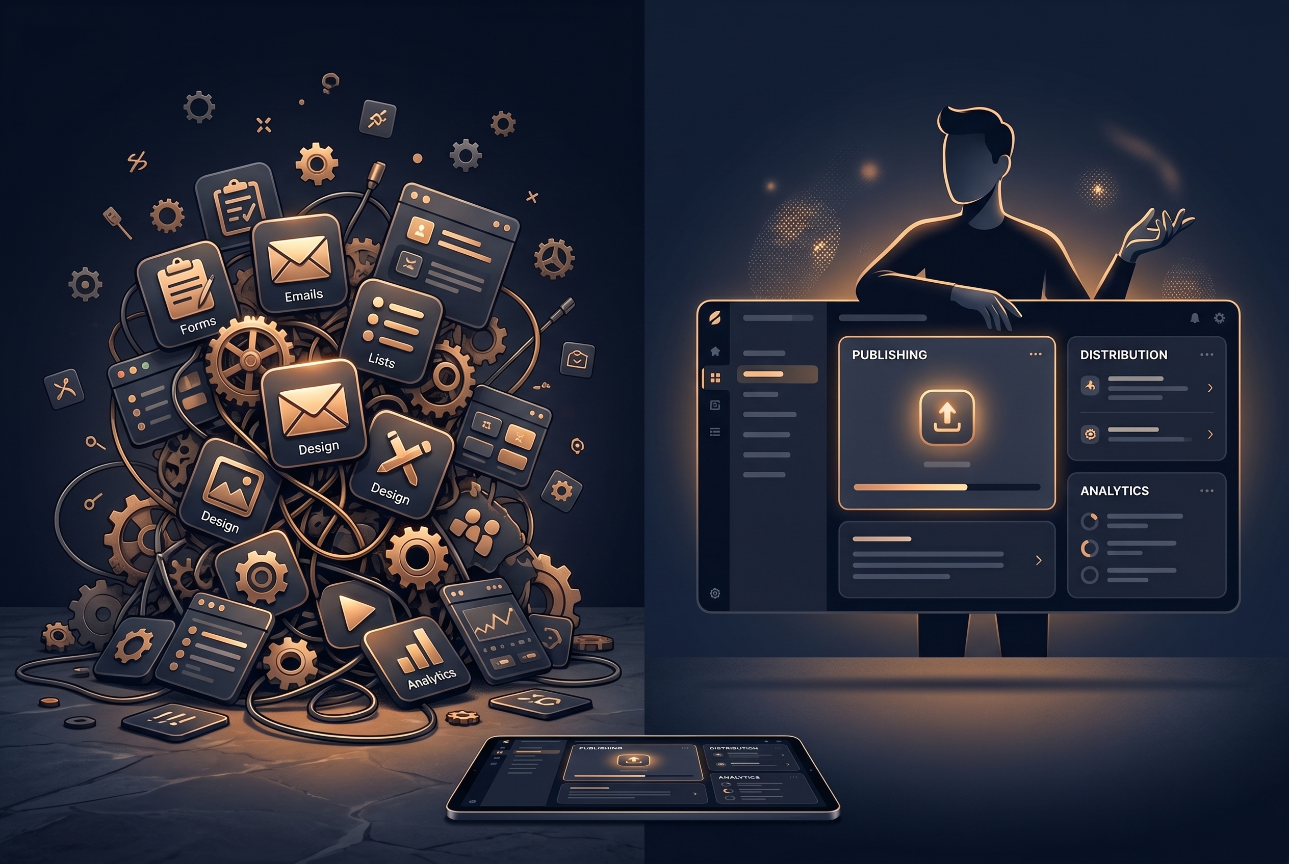 Editorial illustration comparing a messy disconnected newsletter tool stack with a clean all-in-one publishing platform