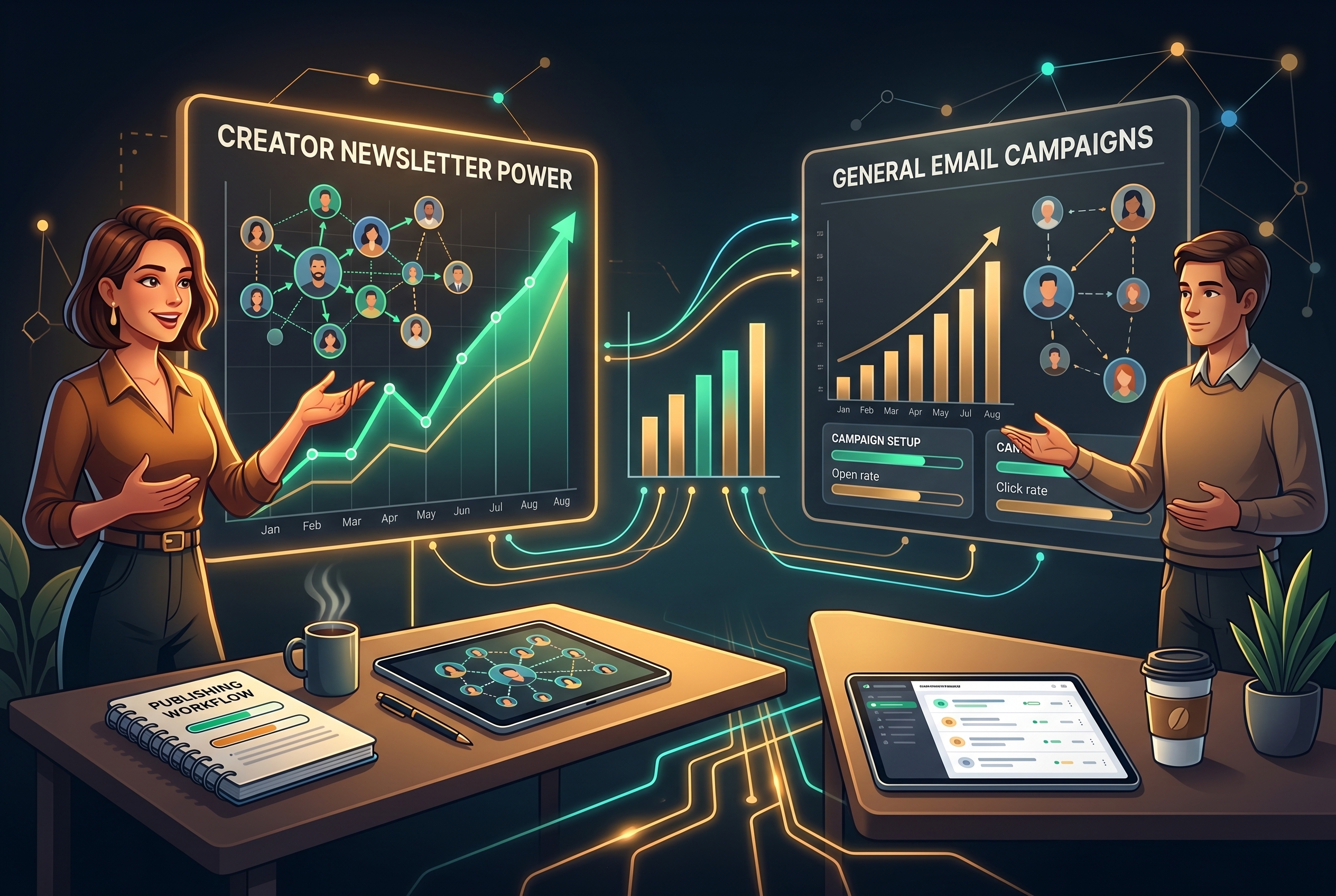Editorial comparison illustration contrasting a creator newsletter platform with a generic email campaign tool