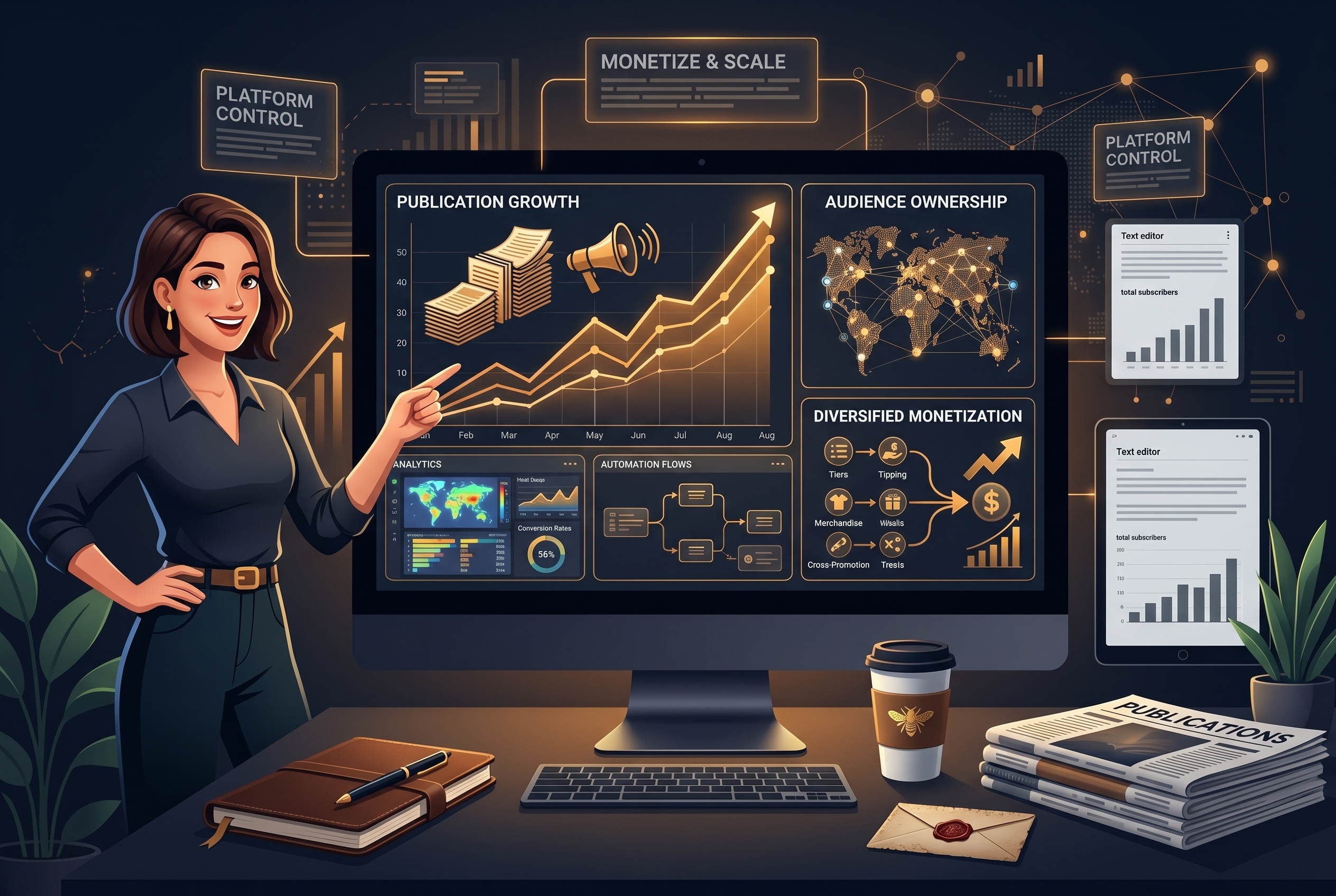Editorial comparison illustration of an independent newsletter business with ownership and monetization themes